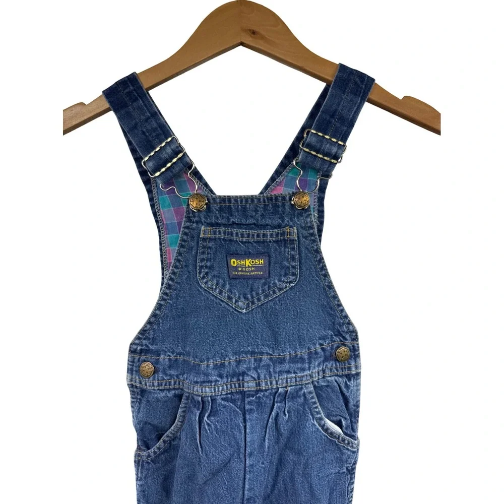 Vintage OshKosh B'gosh Vestbak Blue Purple Plaid Lined Denim Overalls Size 5